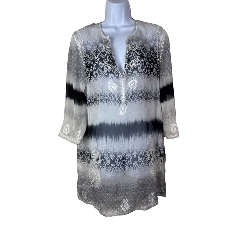 Marie France Van Damme Silk Tunic Top Size 1 US‎ 6-8 Embroidered Sheer Luxury